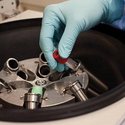 Gloved hand placing vials in centrifuge.