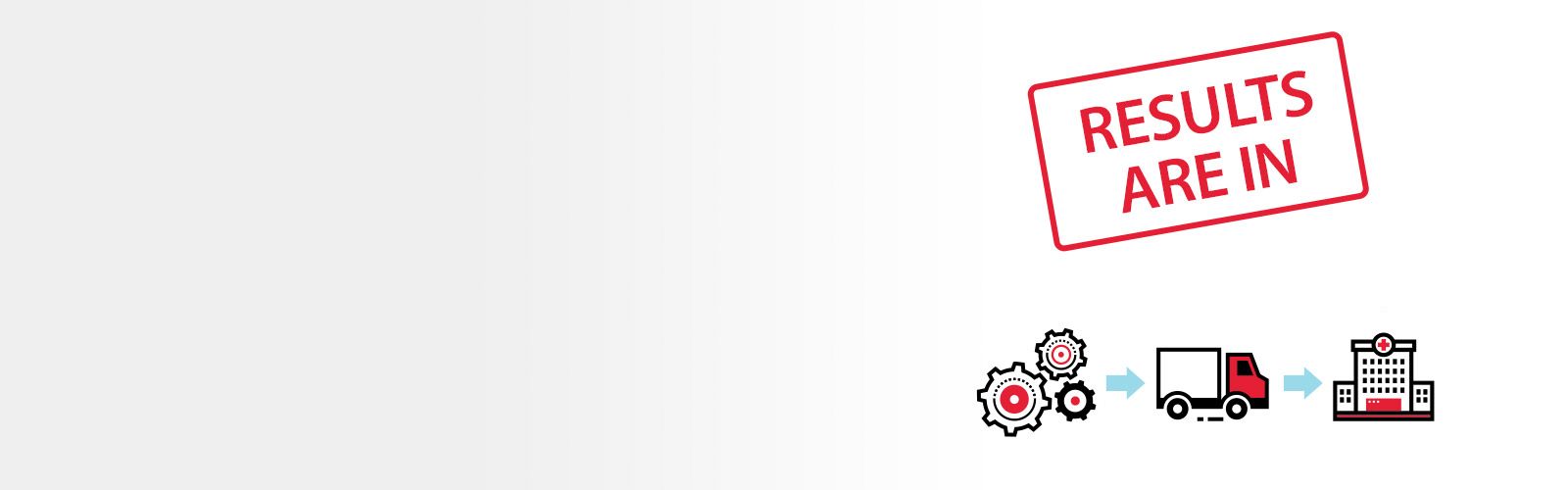 illustration with gears, truck and medical center with text above that reads "Results are in"