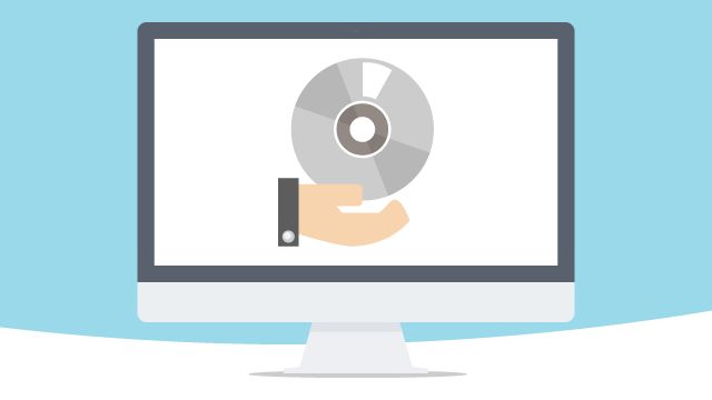 Illustration of a hand holding a CD on a computer monitor.