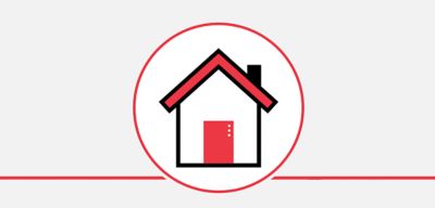 Icon illustration of a house in a red circle.