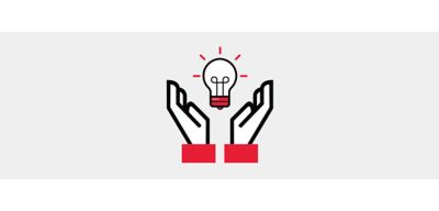 Icon illustration of outstreatched hands to a light bulb.