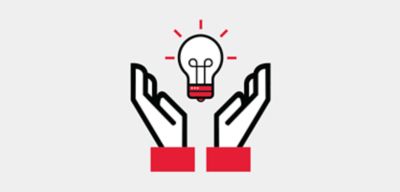 Icon illustration of outstreatched hands to a light bulb.
