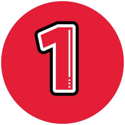 Icon illustration of the number one in a red circle.