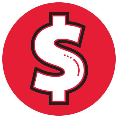 Icon illustration of a dollar sign in a red circle.