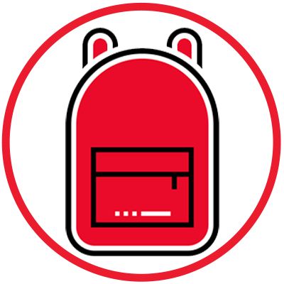 Icon illustration of a backpack inside a red circle.