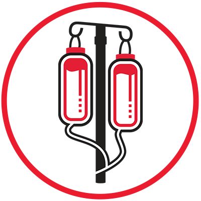 Icon illustration of nutritional delivery feed flush bags inside a red circle.
