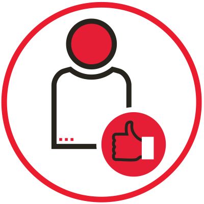 Icon illustration of patient satisfaction with a person next to a thumbs up inside a red circle.