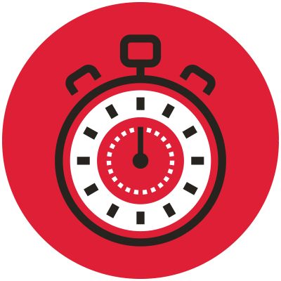Icon illustration of a stopwatch in a red circle.