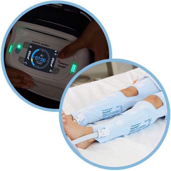 Dispositivo Kendall SCD SmartFlow Night Mode y mangas SCD Comfort Sleeves en un paciente.