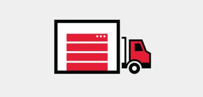 Icon illustration of a truck leaving a warehouse.
